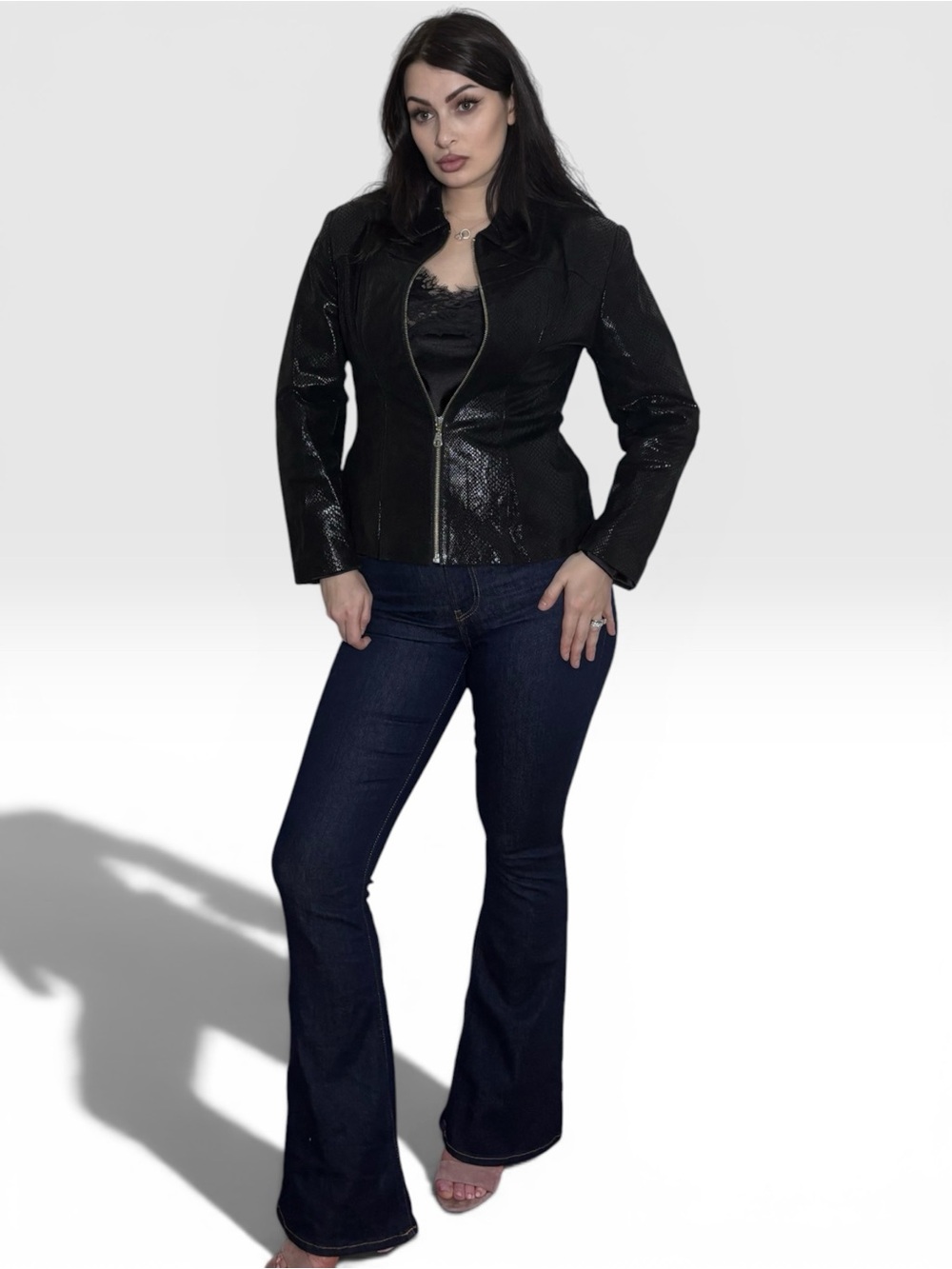 Y2K TiRAGE Cougar Black Snakeskin Embossed Leather Jacket Small